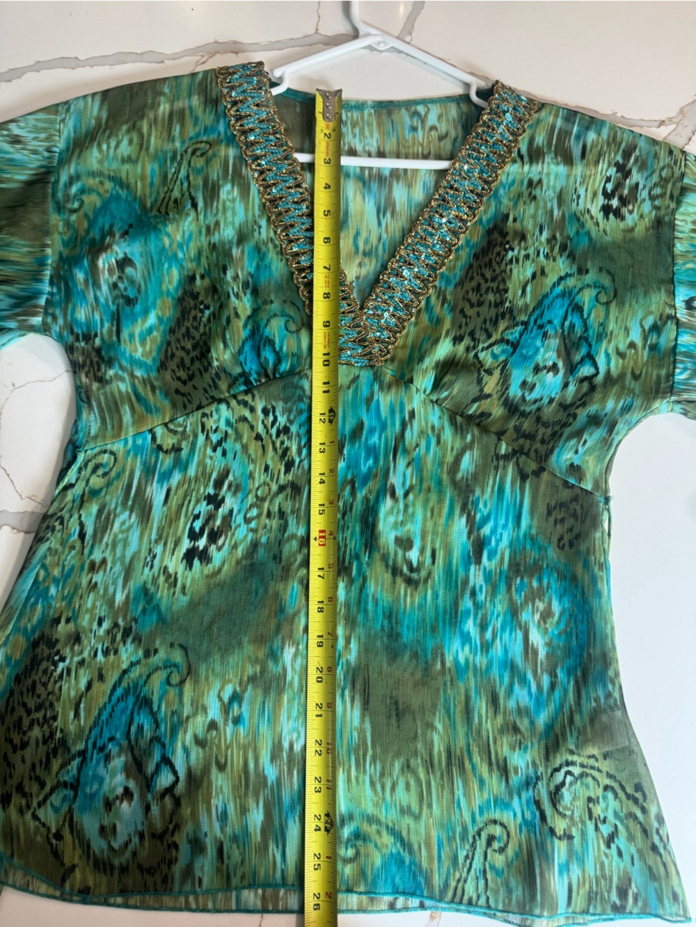 Embellished V-Neck Green Teal Printed Women’s Top peacock - Picture 2 of 7